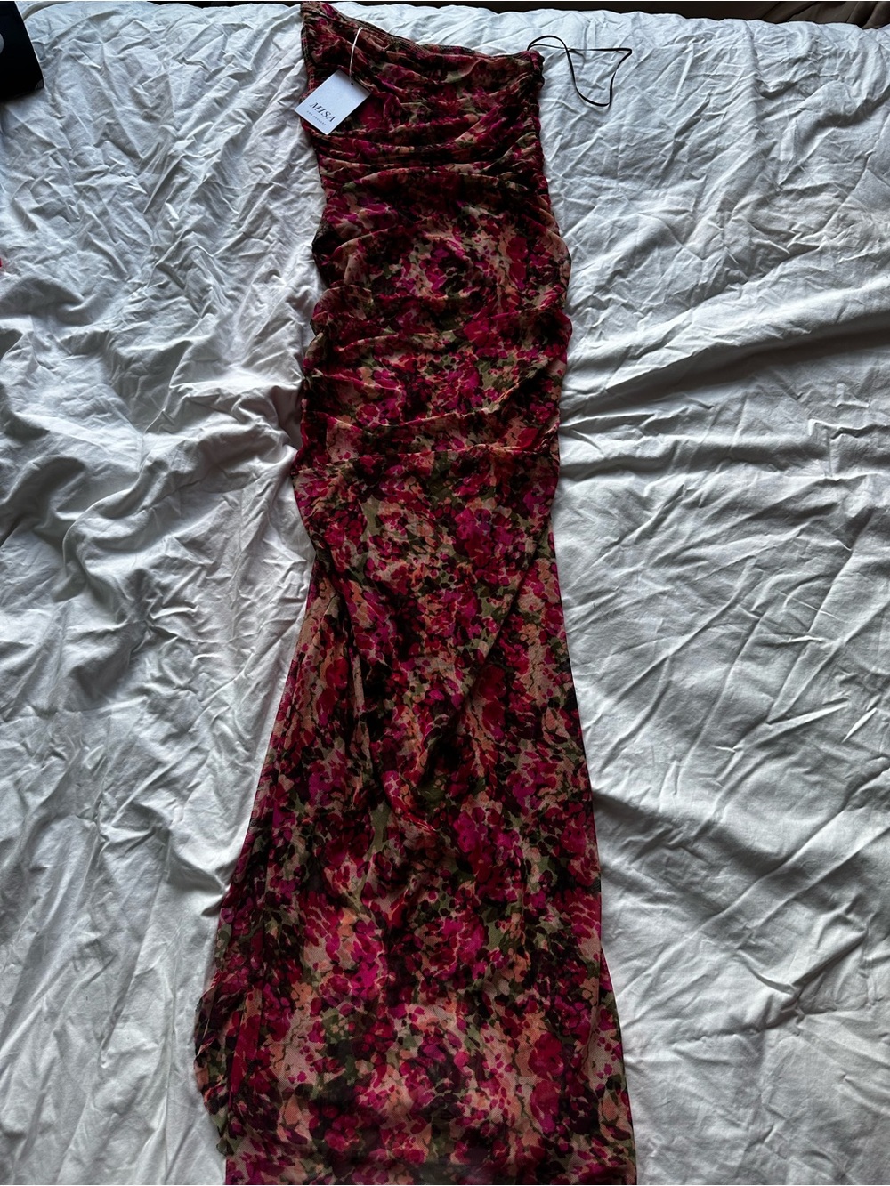 MISA Los Angeles Romantic One Shoulder Ruched Maxi Dress Floral Pink XXS - Picture 9 of 13